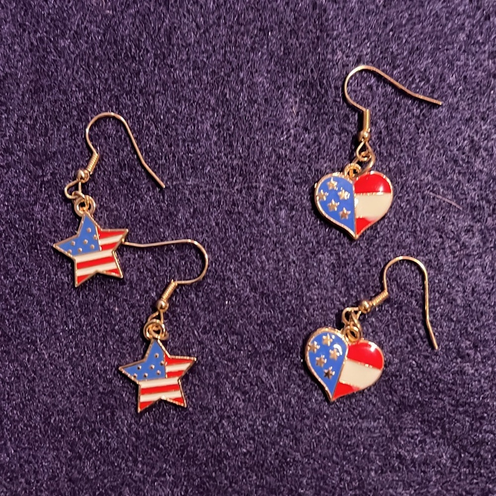 Patriotic Pair of Earrings Stars and Hearts Handmade